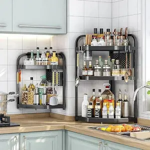 Corner Spice Rack Organizer - Stainless Steel & ABS Kitchen Shelf with Knife Holder, Hooks, and Anti-Rust Design for Countertop Storage, for Kitchen, Office(3 Tier,Large)