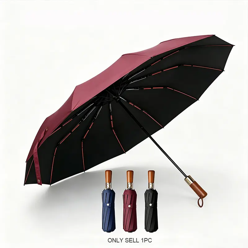 KLYOZO Auto Open & Close Folding Umbrella, 41.7 Inch Large Canopy Sun Rain Portable Umbrella, 12 Metal Reinforced Fiber Ribs Travel Pocket Umbrella with Faux Wood Handle, Lightweight 1.1lbs Compact Hand Umbrella for Driving Outdoor Daily Use