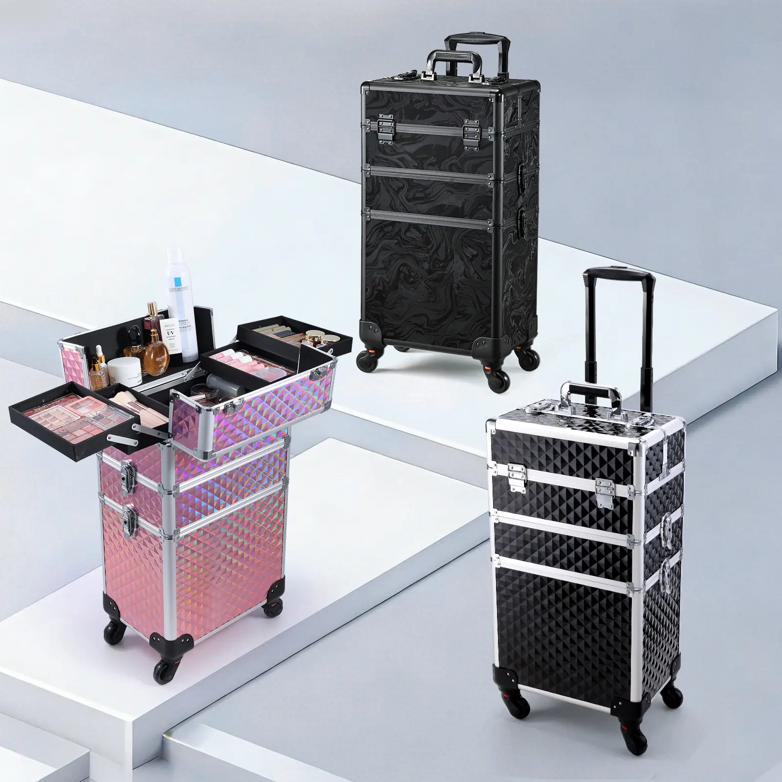 3 in 1 Large Lockable Rolling Makeup Case with Quiet Mobility & Smooth 360° Swivel Wheels, Multi-Function Trolley for Makeup Bags & Organizers, Nail Tech Students & Hairstylists (Travel, Salon Use), Portable, Sturdy Telescopic Handle