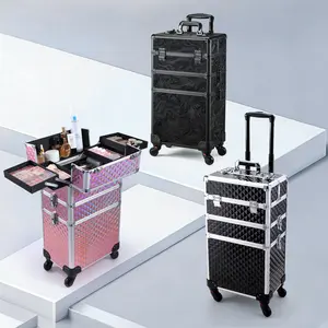 3 in 1 Rolling Makeup Case Large Professional Cosmetic Train Case on Wheels Lockable Trolley Box Travel Salon Barber Suitcase for Make Up Hairstylists Nail Tech