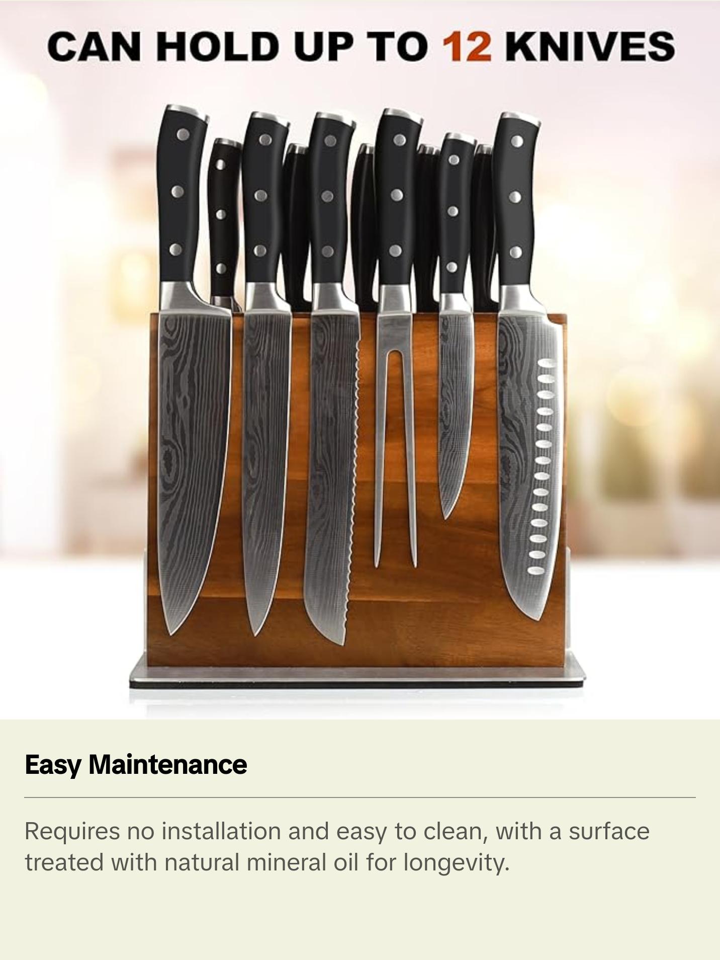 HOMIQUEEN Double Sided Magnetic Knife Stand with Stainless Steel Base, Strong Magnet Knife Block without Knives, Acacia Wood Kitchen Knife Block with Cutting Board Holder for Kitchen Counter HOMIQUEEN Double Sided Magnetic Knife Stand with Stainless Steel Base, Strong Magnet Knife Block without Knives, Acacia Wood Kitchen Knife Block with Cutting Board Holder for Kitchen Counter