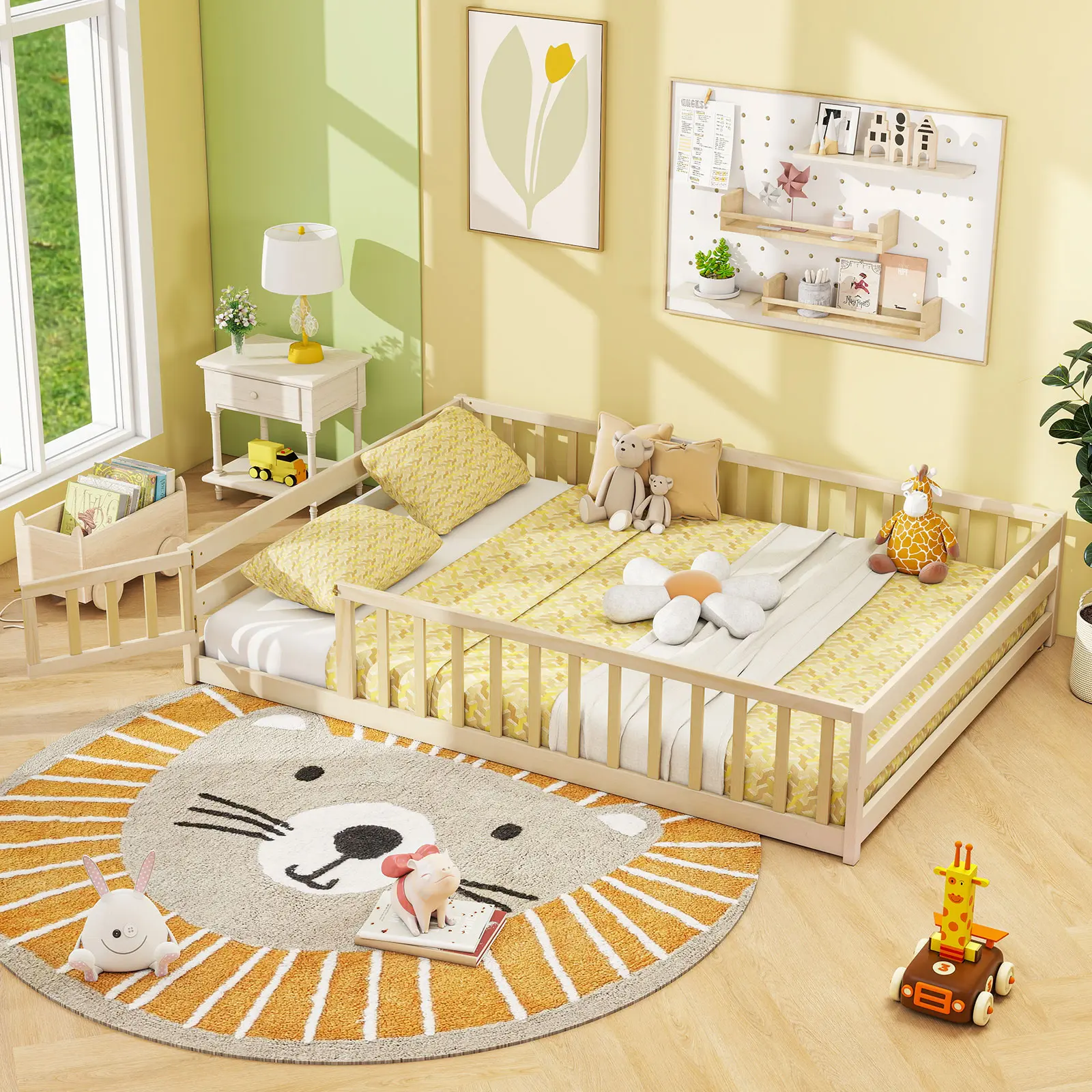 COSTWAY - Full Size Floor Bed with Full Length Safety Guardrails-Natural