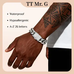 Silver Stainless Steel Cuban Link Bracelet for Men, 14mm Heavy Chain with A–Z Initial Letter Clasp, Gothic Punk Hip Hop Style, Personalized Modern Gift for Him