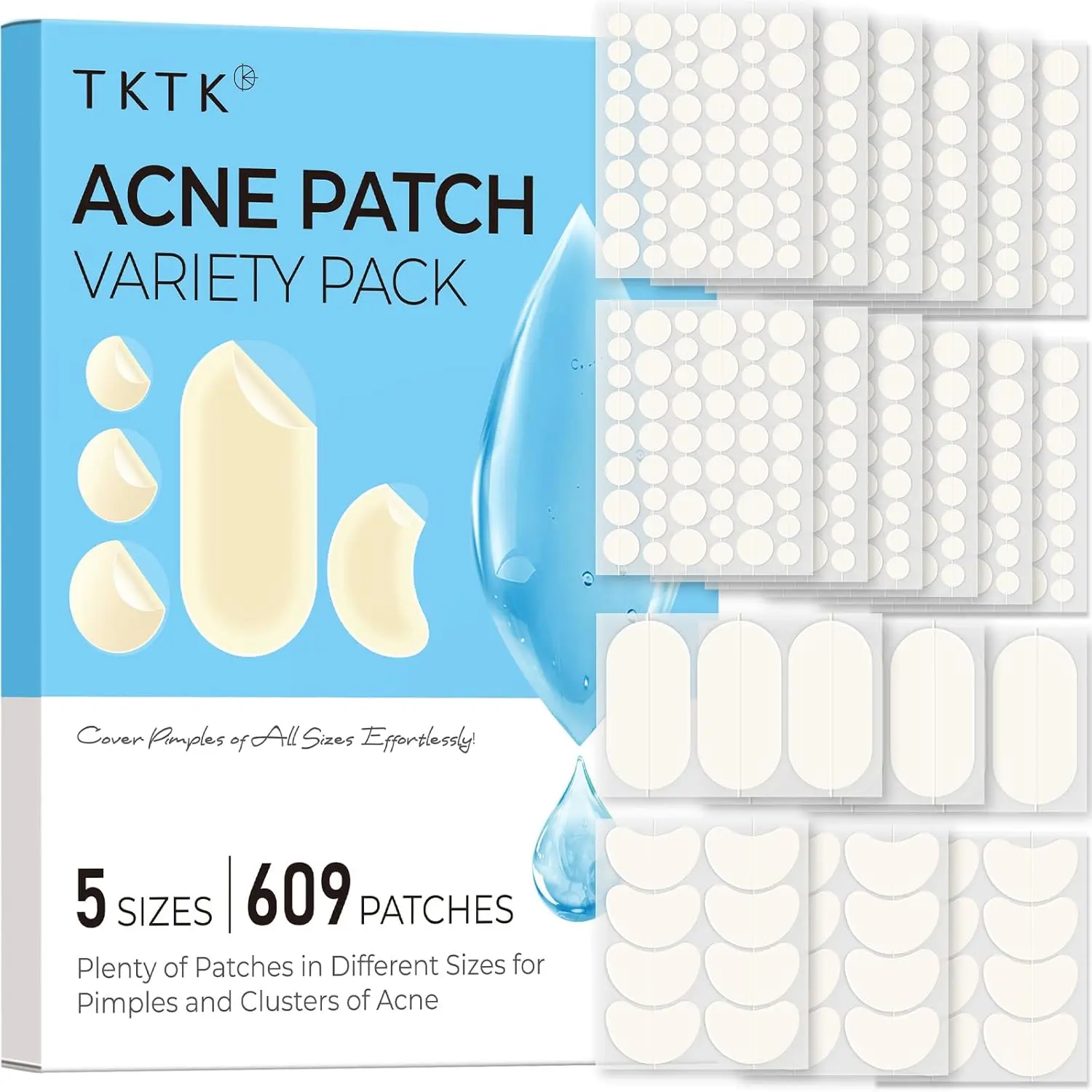 TKTK 609 Count Pimple Patches for Face, Hydrocolloid Acne Patch Bulk, Acne Stickers for Covering Cheeks, Forehead, Chin Blemishes Zit Breakouts for All Skin Types (Dots, Strip, Contoured 5 Sizes) #Summervibes  tiktokshopbacktoschool