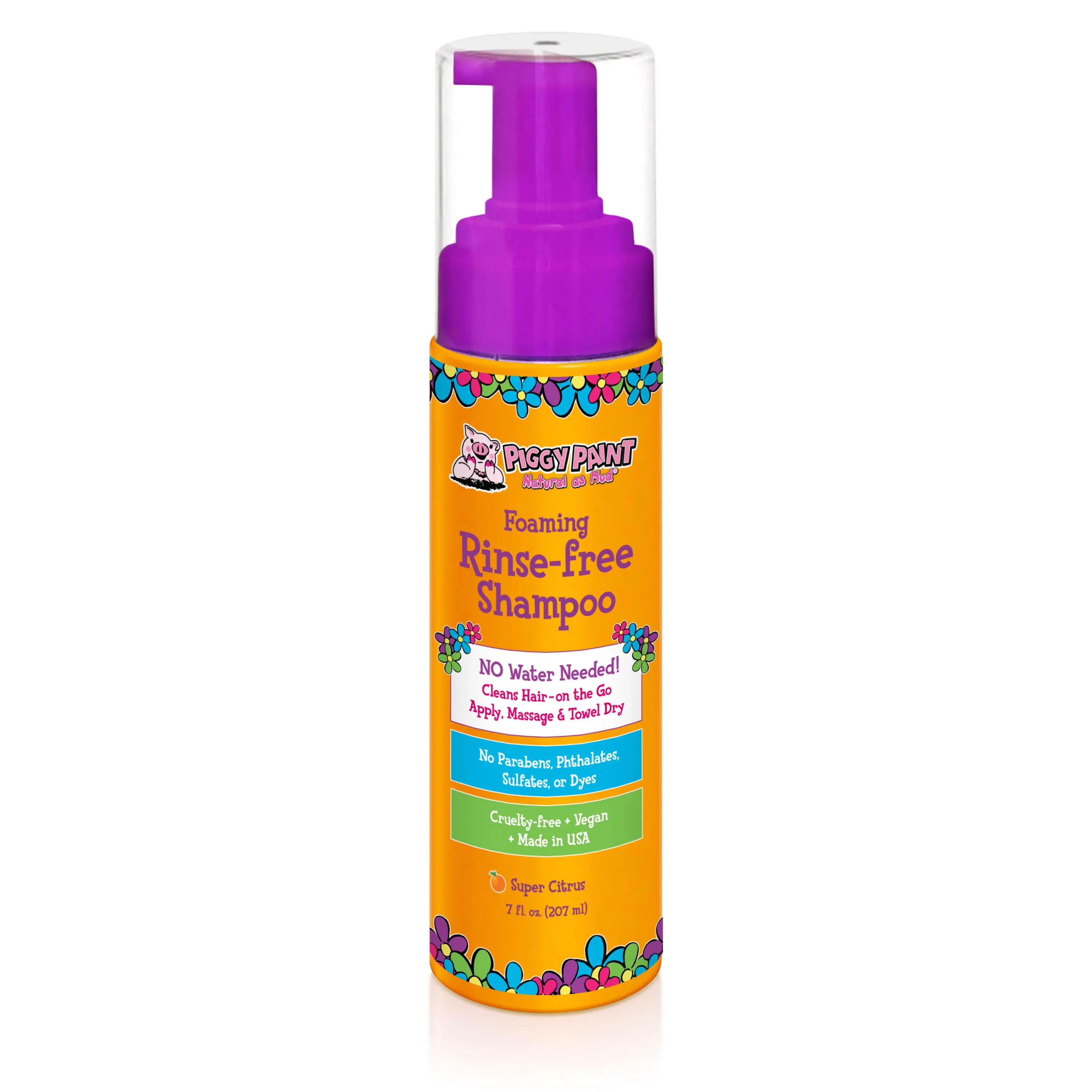 Piggy Paint Foaming Rinse-Free Shampoo 7 fl oz No Water Needed Eco-Friendly Super Citrus Scent
