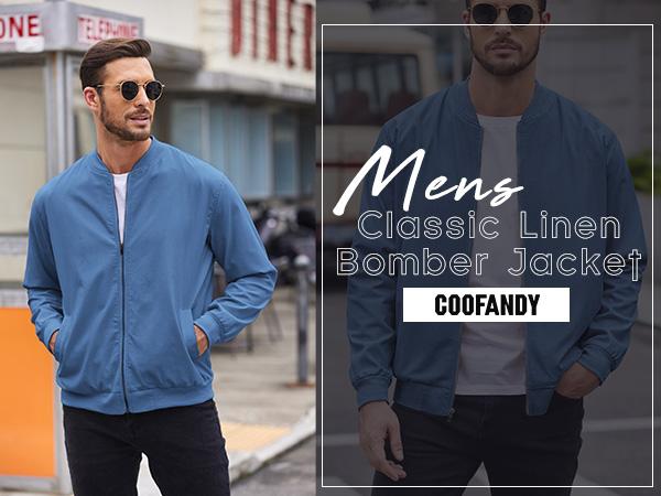 Coofandy Men's Olive Green Lightweight Bomber Jacket Premium Linen Fabric Casual Style Medium Size Rib Collar & Side Pockets Perfect for Spring Fall Winter