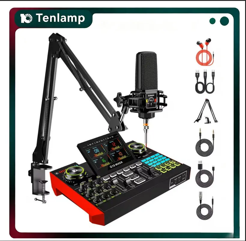 Tenlamp Podcast Equipment Bundle - Audio Mixer with Condenser Microphone, Bluetooth, Adjustable Reverb Effects, Compact Noise Reduction, Portable Wireless Kit for Streamers, Compatible with PC, Mac, iPhone, Android Phones