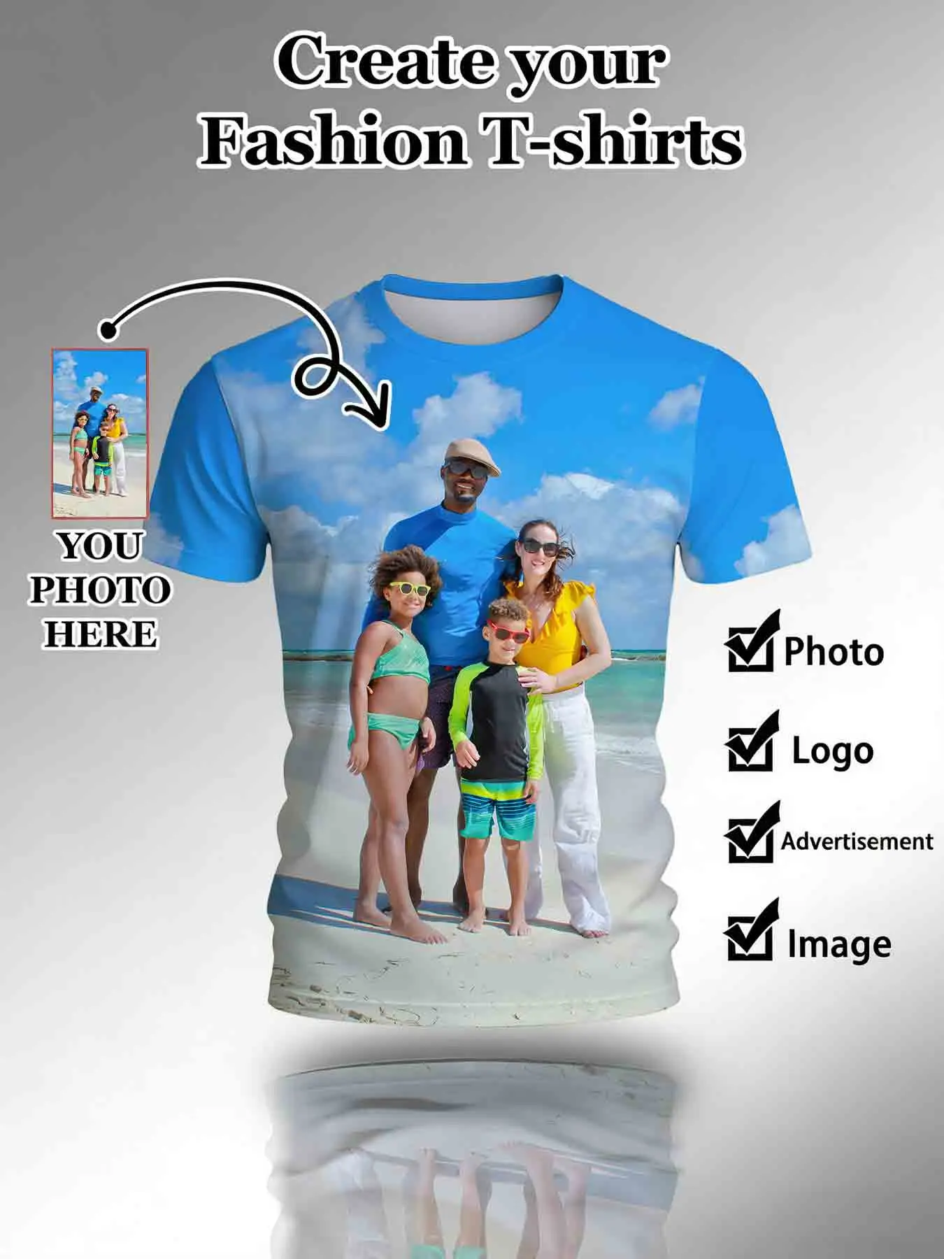 Custom Photo Personalized T-Shirt, Custom Photo Printed T-Shirt, Family Beach Group Photo Print, Supports Logo and Advertisement Printing, Stylish Casual Parent-Child Vacation and Daily Wear Top