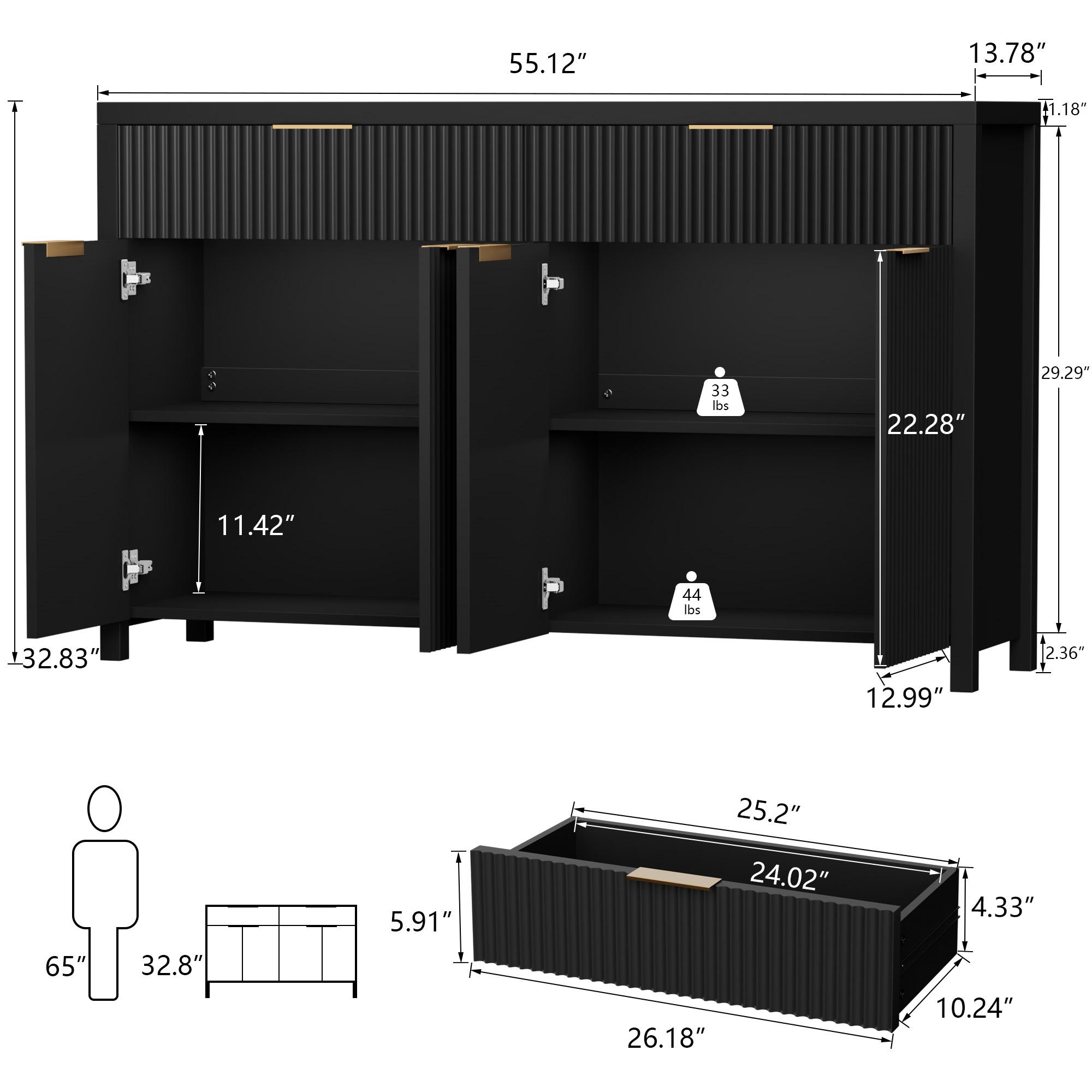 Aowos Modern Fluted Sideboard, Sideboard Cabinet, Wooden Dresser for Bedroom with 2 Wide Drawers, Entryway Table, 55" Buffet Cabinet with 2 Adjustable Shelves, Storage Cabinet for Dining Room, Entryway, Kitchen