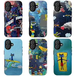 Cute Artsy Cartoon Pete The Cat Phone Case, For iPhone 17 -11, Samsung S25 - S22, Retro Artistic Cat Guitar Cartoon, Colorful Aesthetic Cover