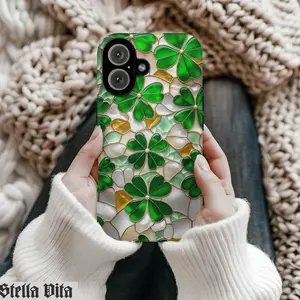 St. Patrick's Day Stained Glass Shamrock Magnetic Phone Case - Shockproof, Raised Bezels, Ultra Slim Minimal Protective Cover for iPhone 16, 15, 14, 13 (Safe, Multi-Model Compatibility)