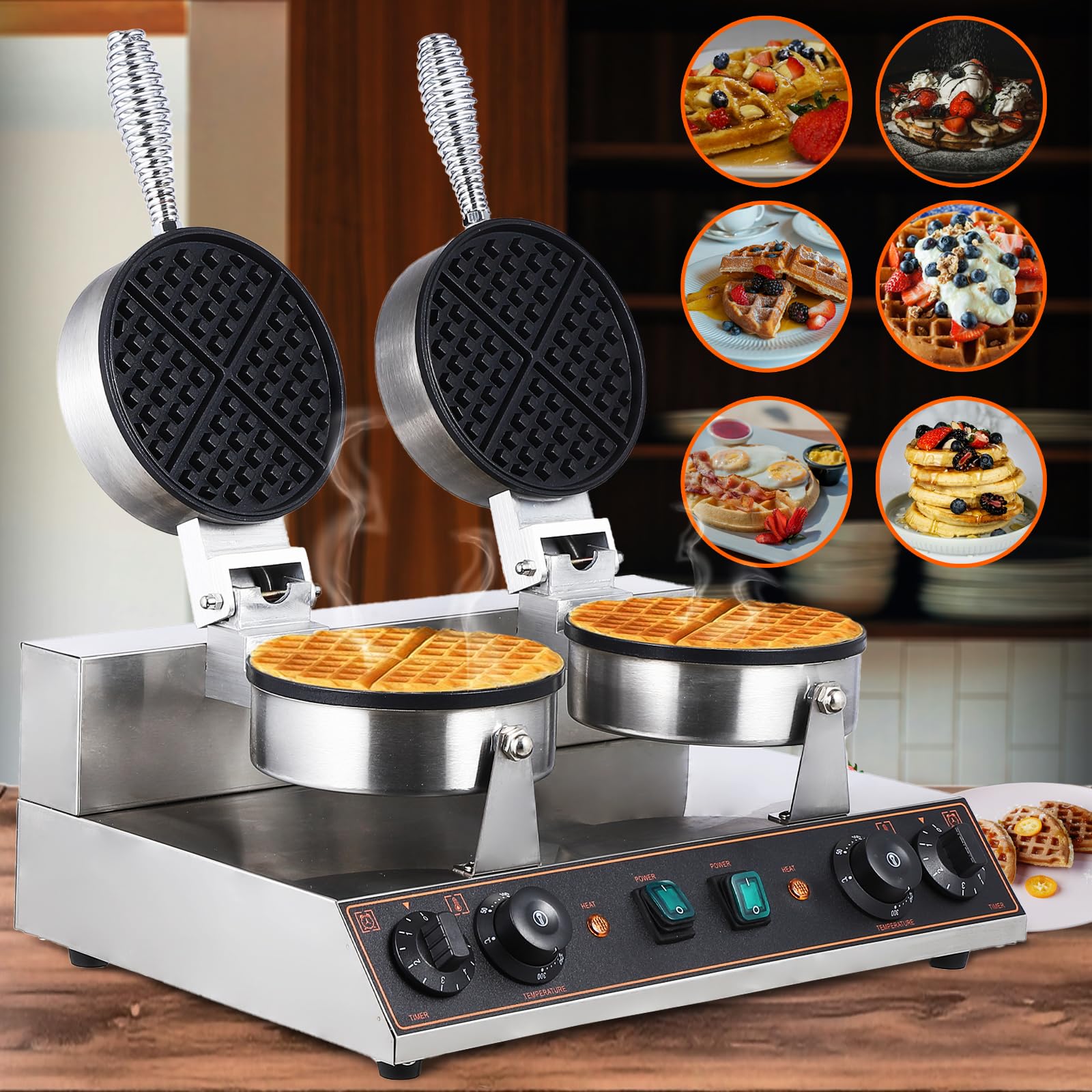 【GARVEE】Commercial Electric Waffle and Waffle Cone Makers with Durable Stainless Steel Build, Nonstick Surfaces, Adjustable Temperature and Timer Controls, Ideal for Restaurants, Snack Bars, and Bakeries, 110V Power Options