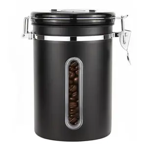 Coffee Canister with Window & Date Tracker | 22oz Airtight Stainless Steel Container with Scoop | Kitchen Storage for Coffee Beans, Grounds, Sugar, Cereal, Tea | Black