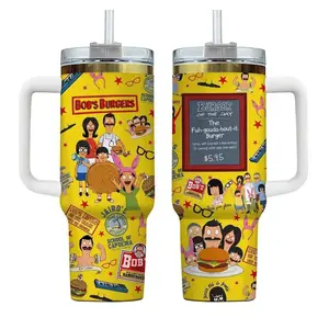 Bob's Burgers 40oz Tumbler With Handle, Cartoon Family Stainless Steel Travel Mug, Custom Burger Menu Cup, Funny Animation Drinkware, Insulated Coffee Tumbler, Gift for Cartoon Fans