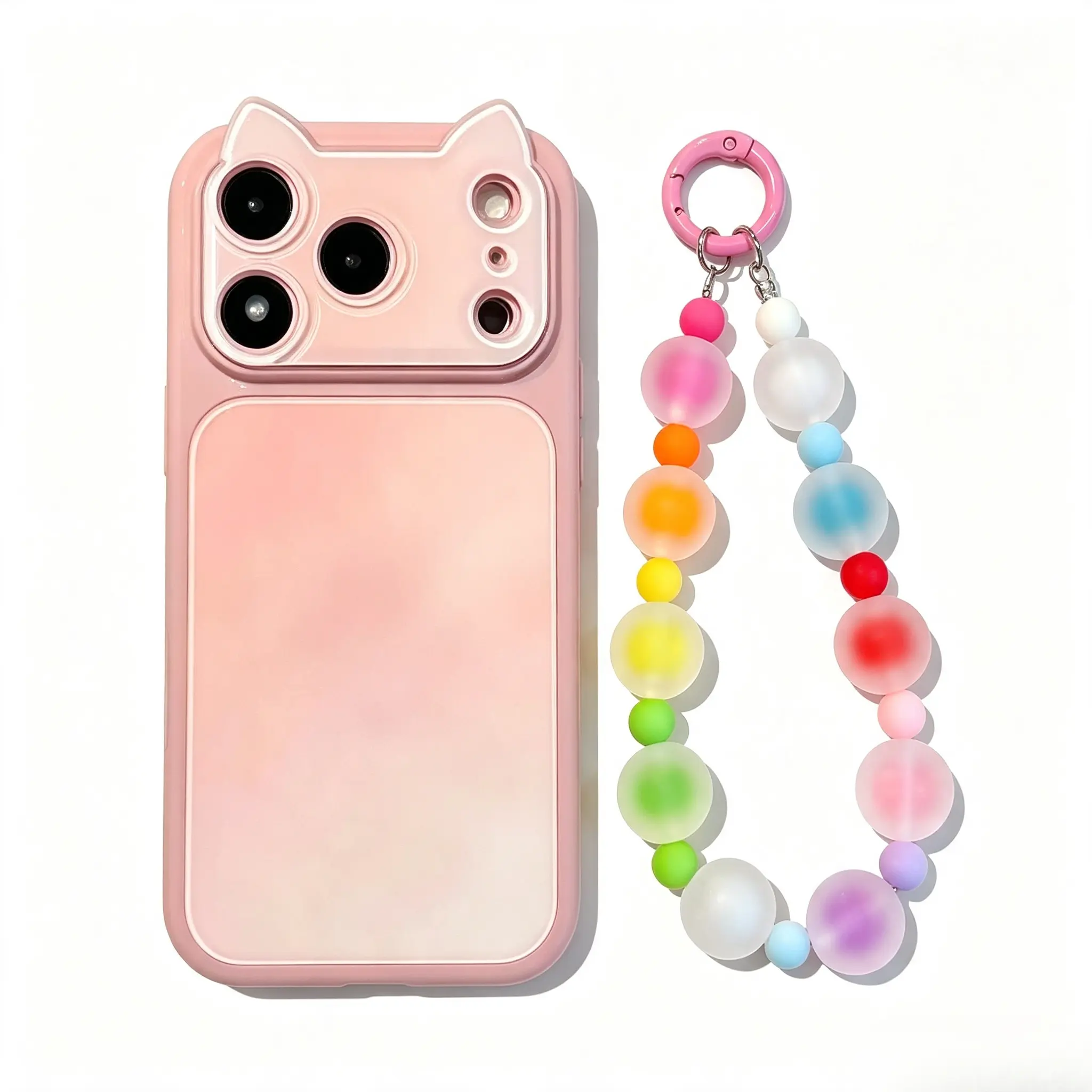 INS-Style Gradient 3D Cat-Ear Phone Case with Lanyard - Large Window, Multi-Model Fit for iPhone 17/16/15/14/13 Pro Max, Full-Coverage Shockproof iPhone Series Case