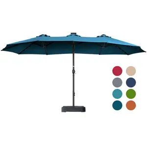 【Solar Powered】15ft Double-Sided Patio Umbrella with Solar LED Lights, 48 Light Beads & 10H Running Time, 99.9% UV Resistant Large Market Umbrella with Included Base for Backyard, Poolside, Garden summerwins