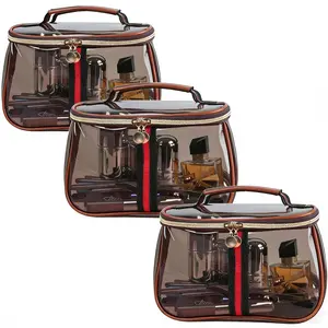 New Retro Vintage Vanity Makeup Bag for Women - Waterproof Transparent Cosmetic Organizer with Zipper, Portable Travel Skincare Storage Case | Vanity Toiletry Bag for Ladies (Brown)