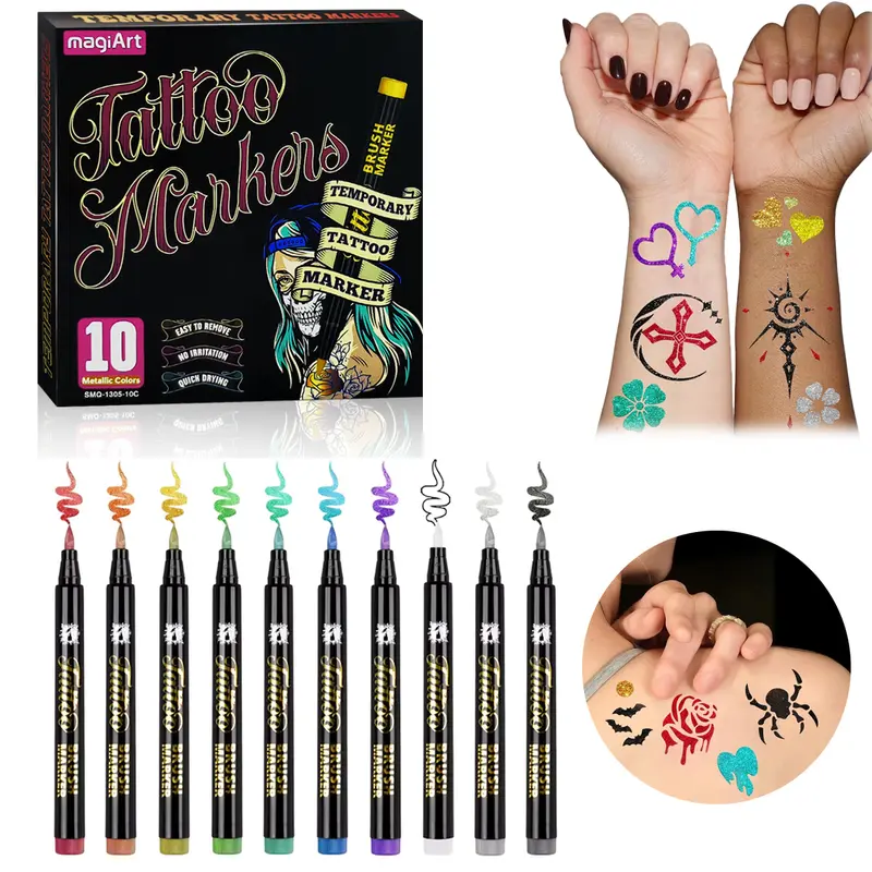 Temporary Tattoo Markers for Skin, 10 Count Body Markers 10 Color Tattoo Pens, Flexible Brush Tip, Bright Colors, Cosmetic Quality Face Paint Kit, Perfect Valentines Gifts