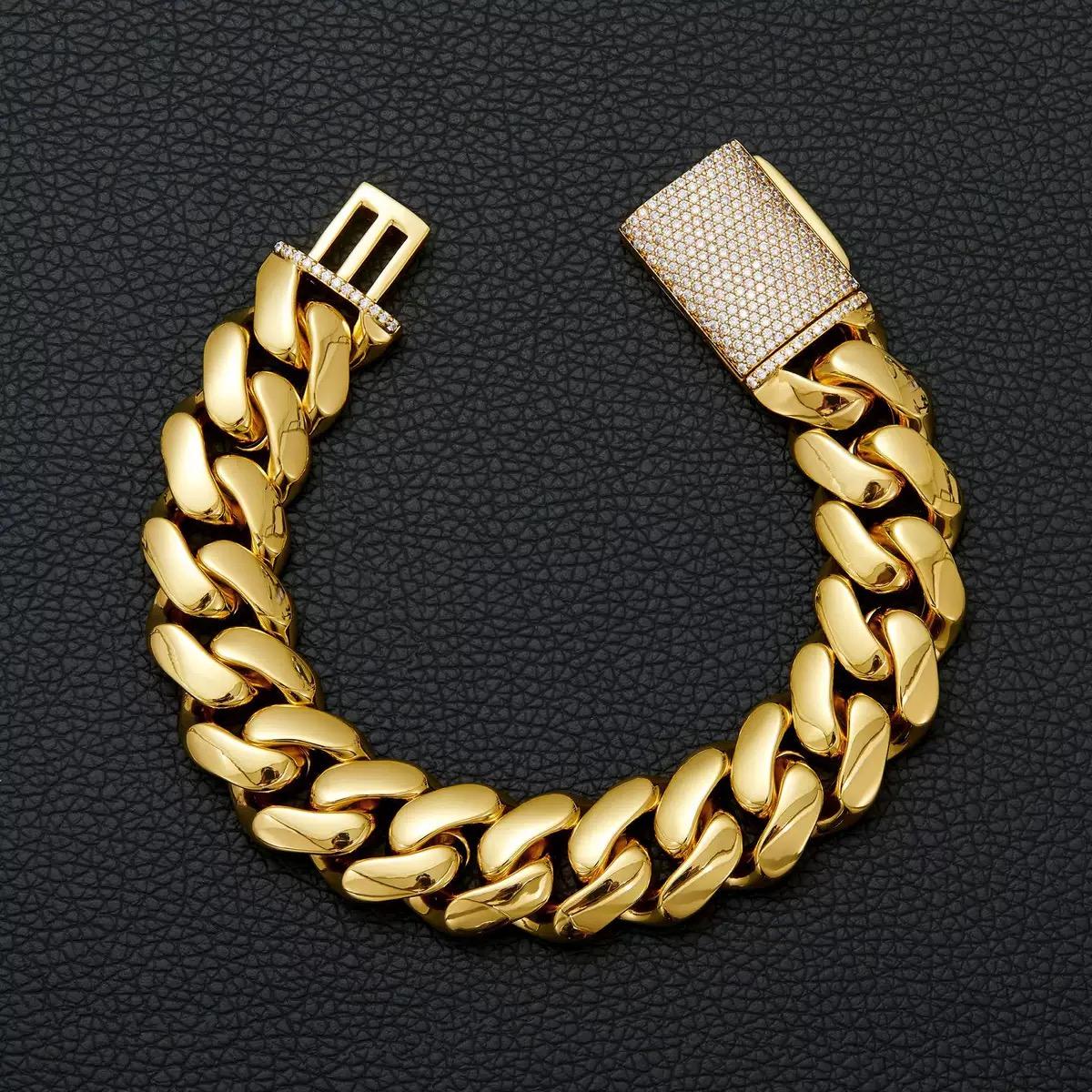 Retro Gold Cuban Chain Necklace, 8mm with a clasp closure. The clasp features zirconia accents. The chain is crafted from stainless steel. Bold hip-hop style, suitable for both men and women. Casual and fashionable, pairs effortlessly with any outfit.
