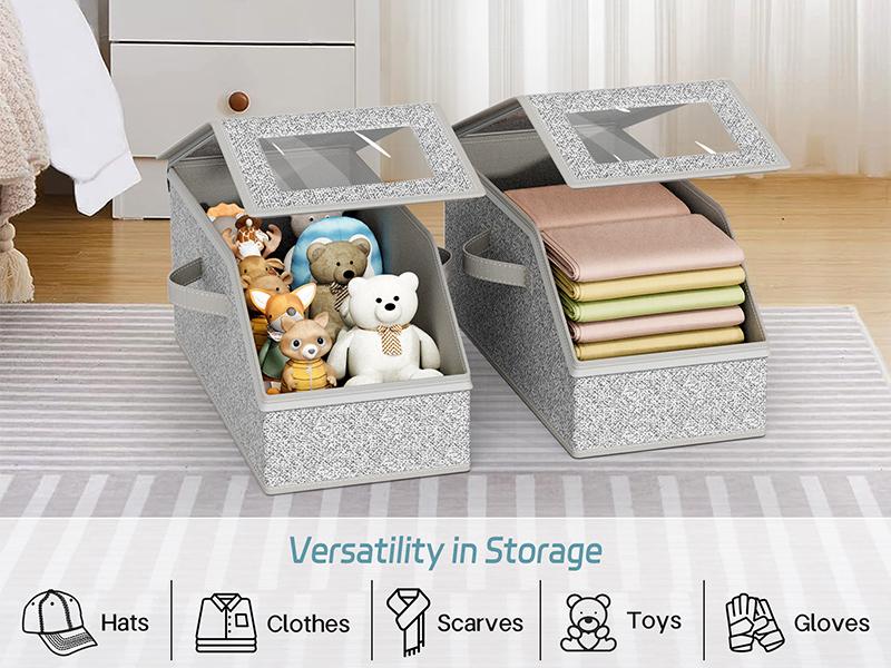 Grey PVC Rectangle Hat Organizer Storage Boxes with Lid - Eco-Friendly Durable Cardboard, Stackable to Save Space, Holds Up to 24 Baseball Caps, Keeps Hats Clean From Dust, Side Name Window for Easy Access, Bedroom Car Home Organizer for Men