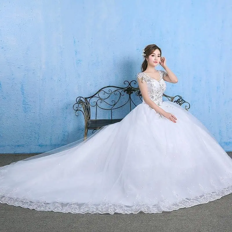 Women's Elegant A-Line Lace Wedding Gown - V-Neck Crop Top Bodice, Cap Sleeves, Appliques, Cathedral Train, Fashion Women's Clothes with Button Details (Sleeveless Option Available)