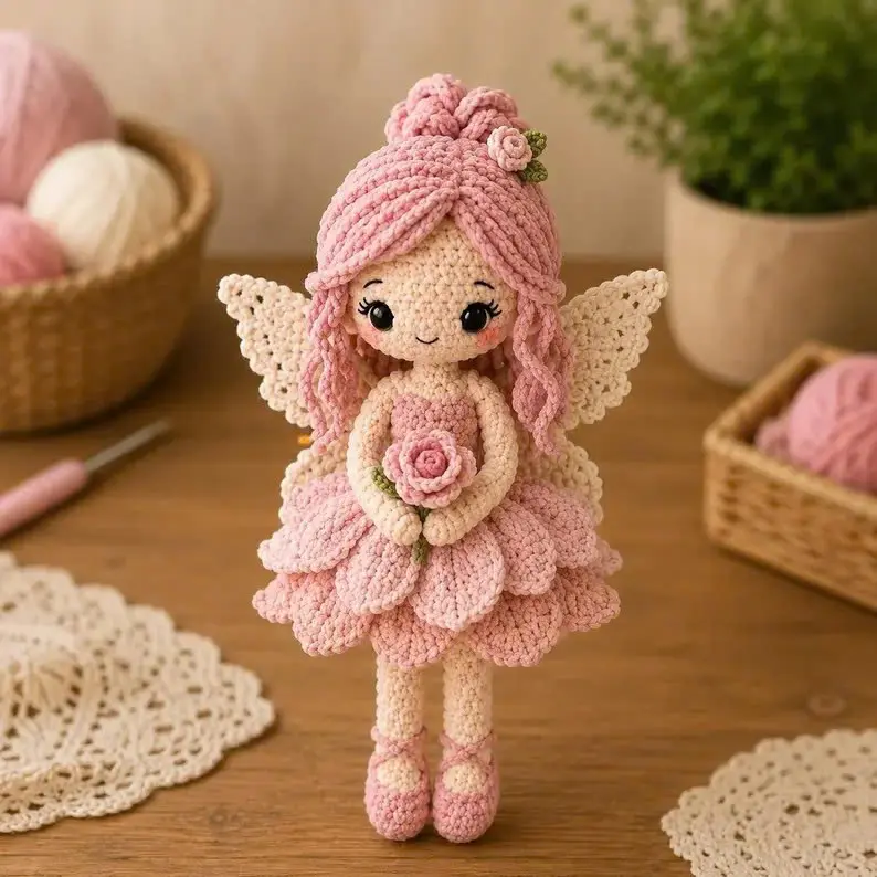 Handmade Crochet Pink Flower Fairy Doll, Cute Amigurumi Angel with Wings & Rose, Decorative Doll Gift for Her