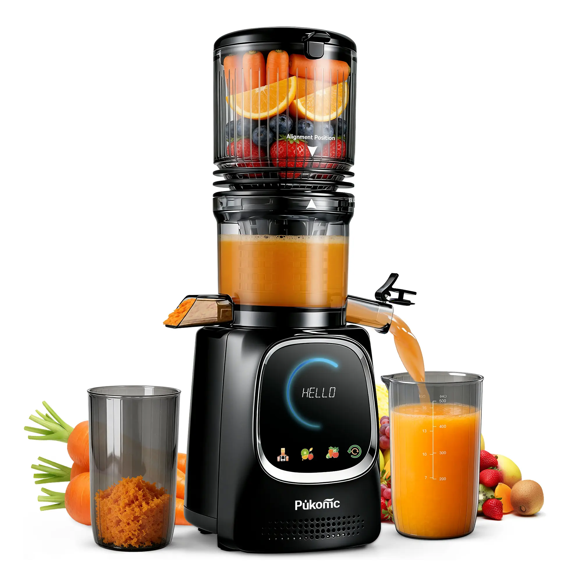 Pukomc 5.3-Inch Wide Chute Whole Vertical Masticating Slow Juicer - Household Appliances Juicer, Intelligent Automatic Juicing, Reversible Function, Removable & Washable, for Soft & Hard Fruits, Juicer Machines