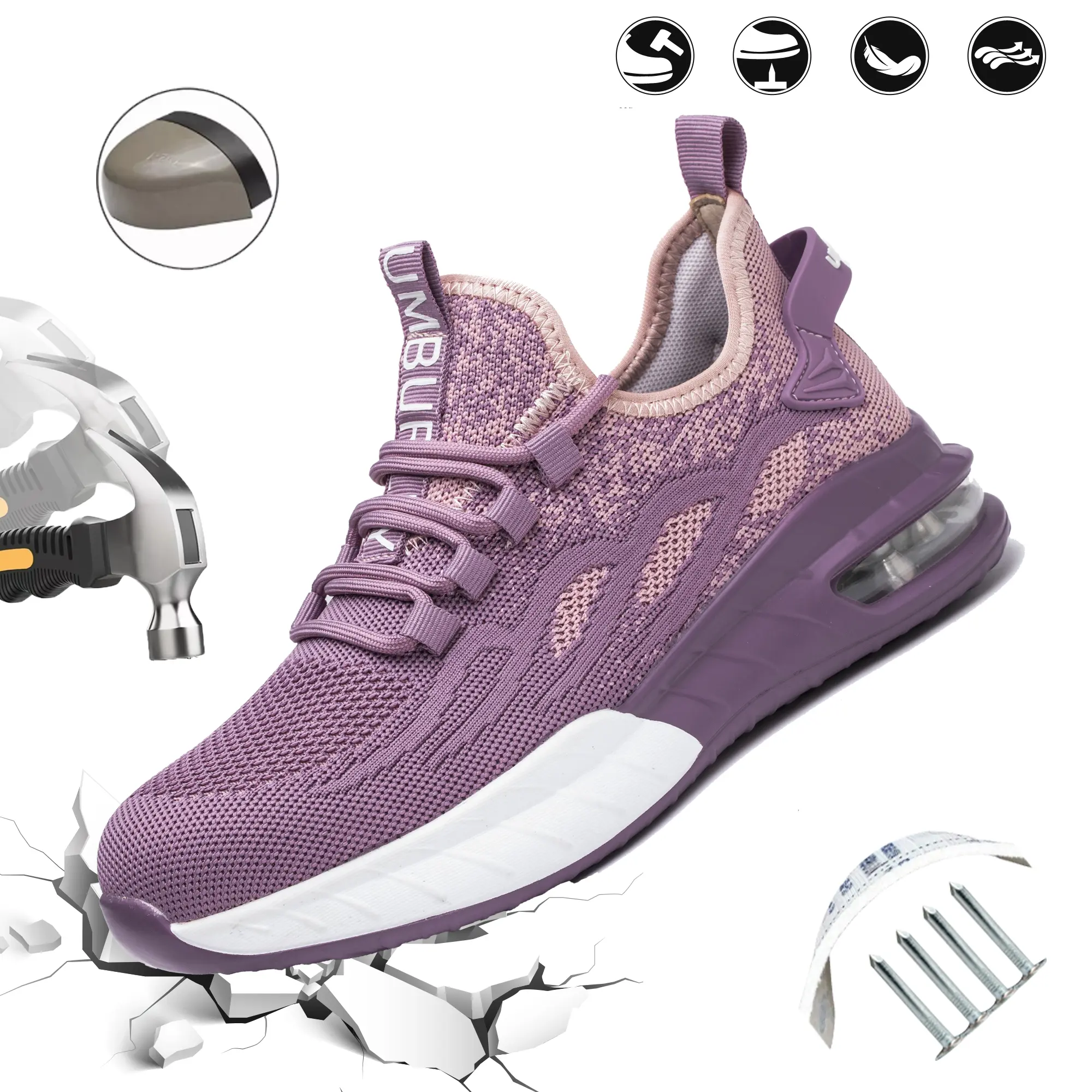 Women's Safety Shoes, Purple Fashion Work Shoes with Anti-Smash Steel Toe, Anti-Puncture Kevlar, Lightweight Breathable Design, 4-Season Wear, Vandal-Resistant Toe Cap