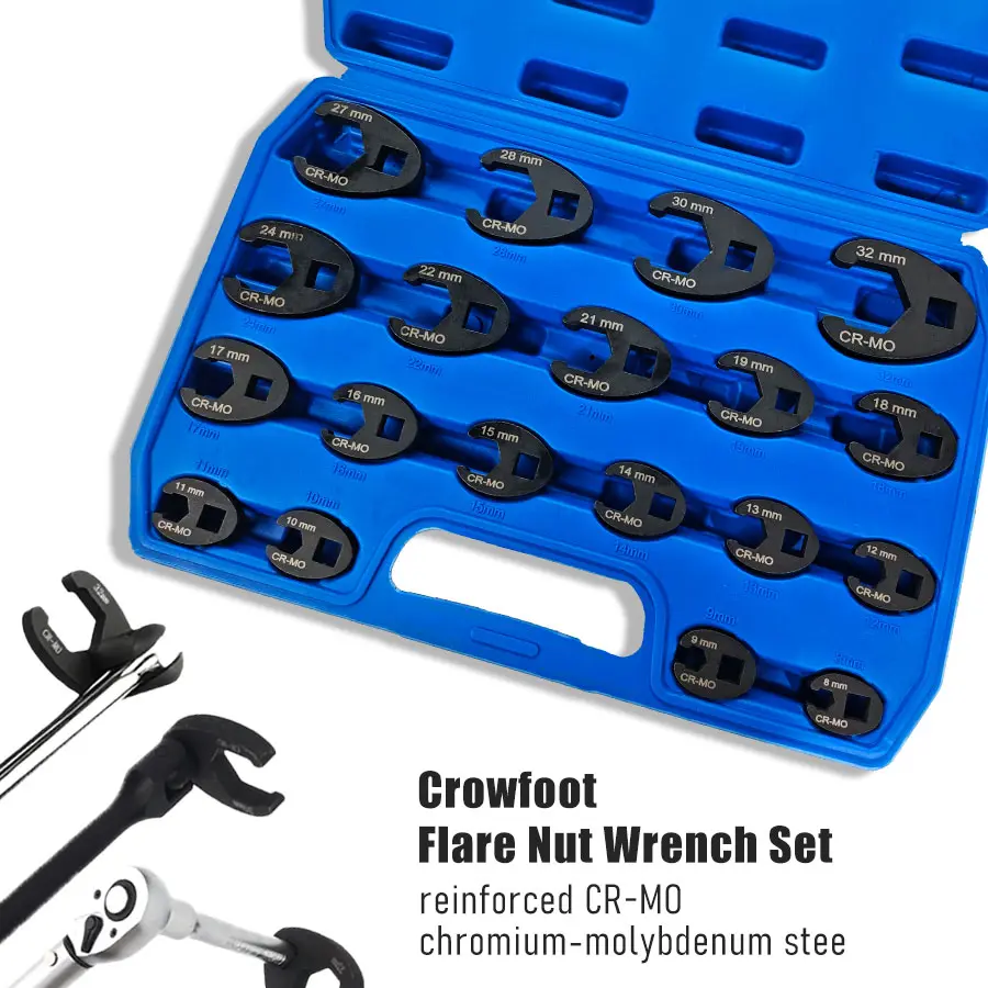 19pcs Crowfoot Flare Nut Wrench Set - Steel Construction, Open End Head Style, Metric 8-32mm for 3/8 & 1/2 Inch Drive Ratchets