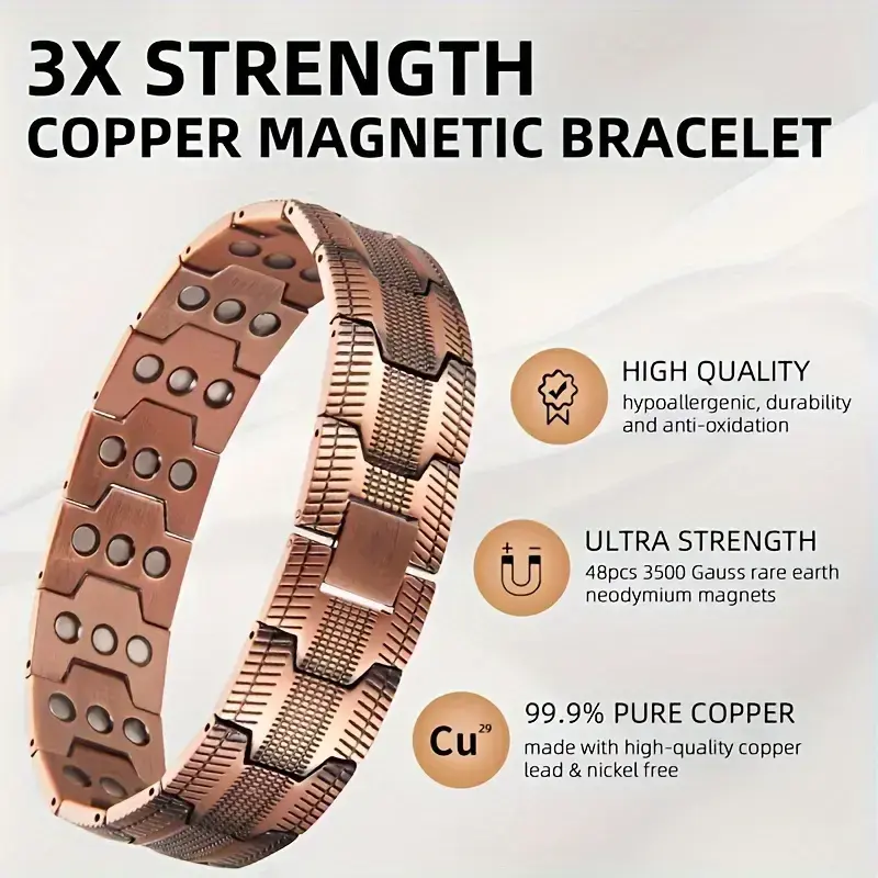 Unisex Pure Copper Magnetic Bracelet built with 3500 Gauss strong magnets. Stylish and versatile design, effectively relieves physical fatigue and boosts energy. Suitable for daily commuting and all seasons, a practical health-care accessory.