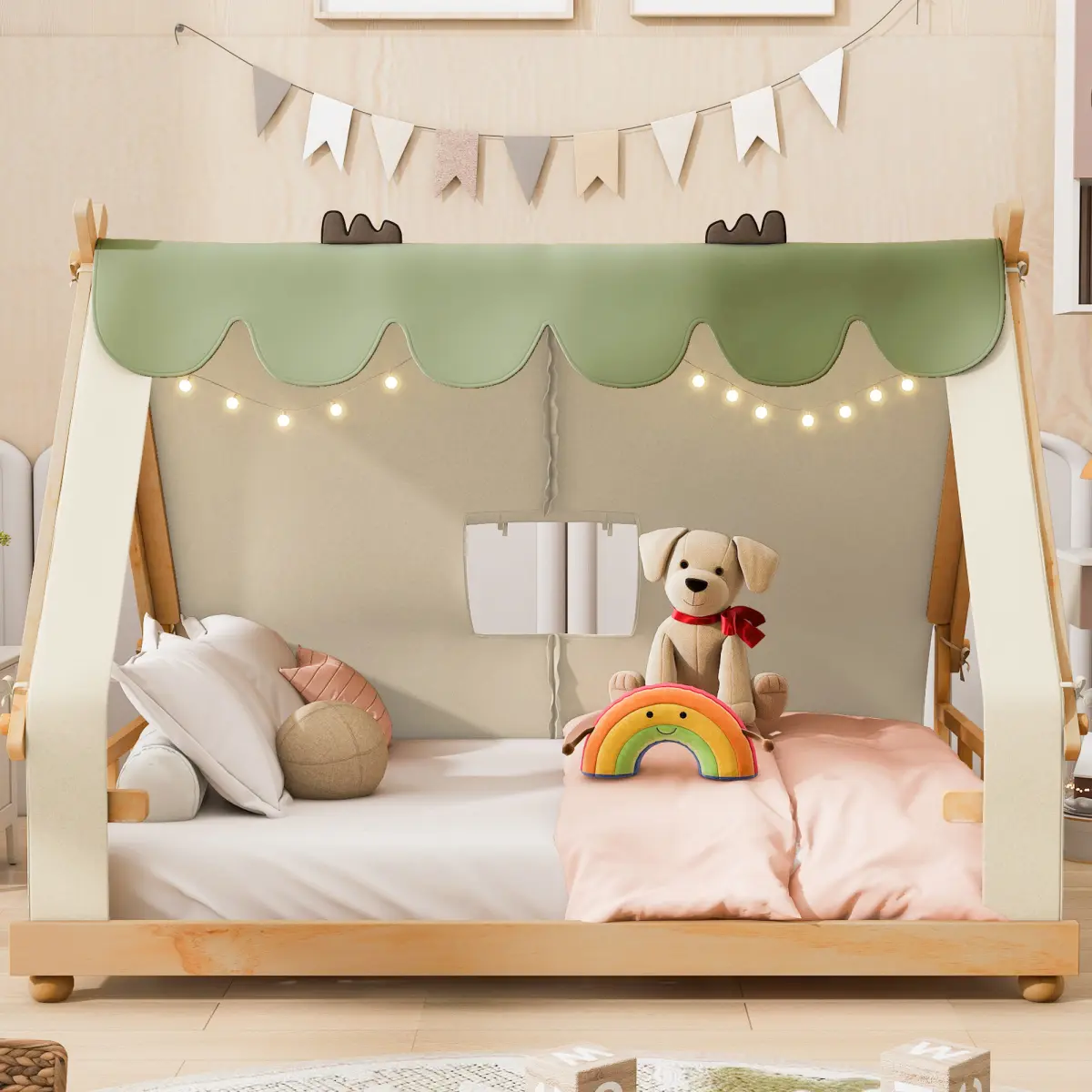 Aobtkel Full Size Kids Canopy Bed - Convertible, Detachable Tent & Roof Playhouse Frame with Skylight Curtain, Light, 600 LBS Weight Capacity for Boys & Girls Bedroom, White