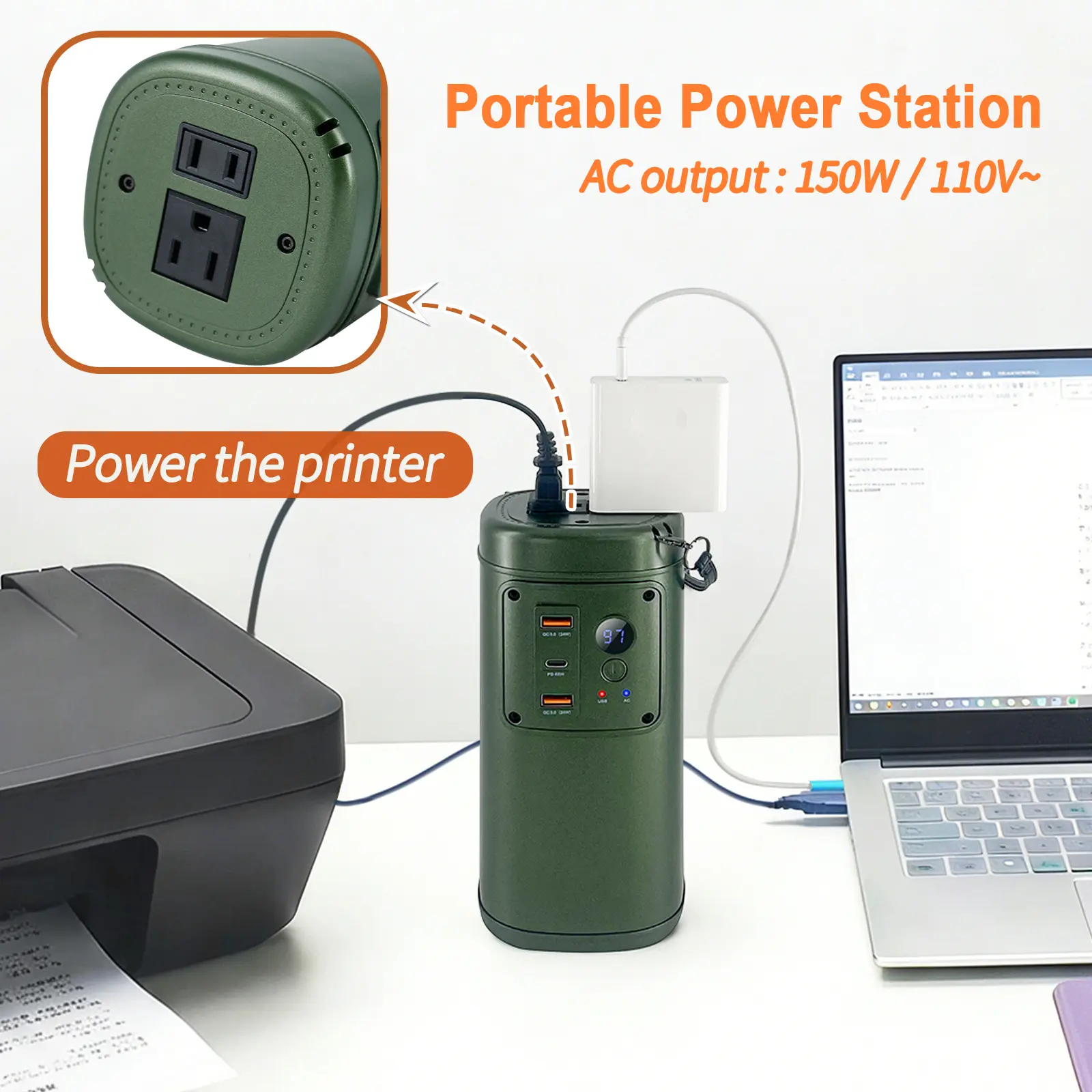 150W Battery Powered Portable Power Bank, 97.68Wh 26400mAh Li-Battery, 110V AC Pure Sine Wave Inverter, Compact, Safe, Versatile Ports (65W Type-C Charge, 24W Dual USB-A) for Emergency, Outdoor Activities, Laptops/Phones/Tablets, Blackout Ready, Convenien