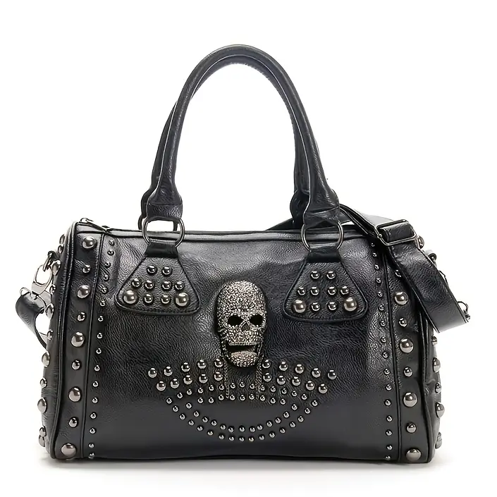 Women's Fashion Versatile Black Tote Bag Skull Handbag Large Lightweight Capacity Gothic Shoulder Bag Studded PU Leather Doctor Handbag