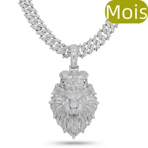 ⑤Mois space ice hiphop jewelry Fully Iced out Crown Lion Pendant / with Cuban link Chain 22"