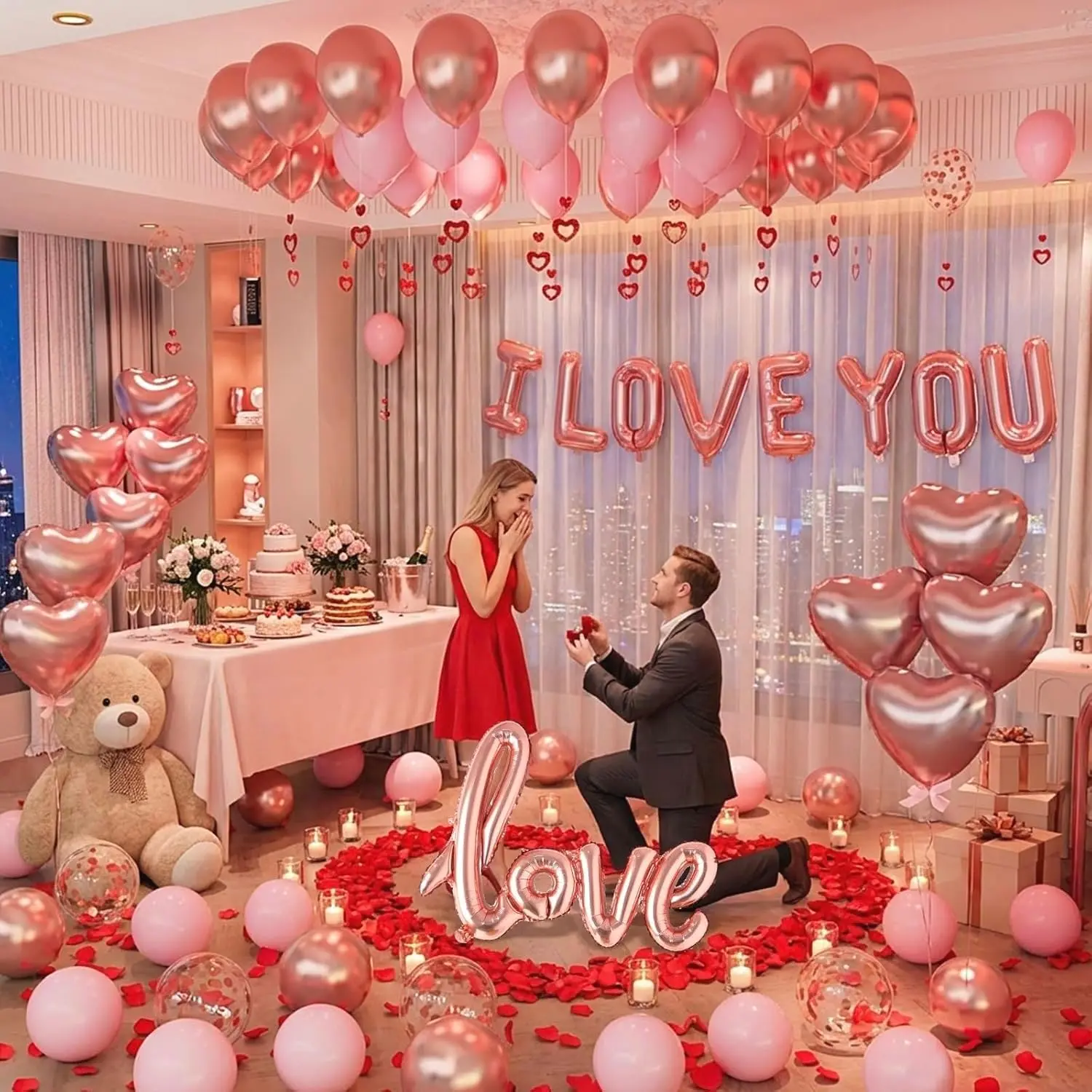 Romantic Multi-Size Rubber Balloons Kit - Heart Shape, Floral Pattern, Red Silk Rose Petals, Rose Gold Pink Accents for Valentine’s Day, Mother’s Day Home & Party Decorations