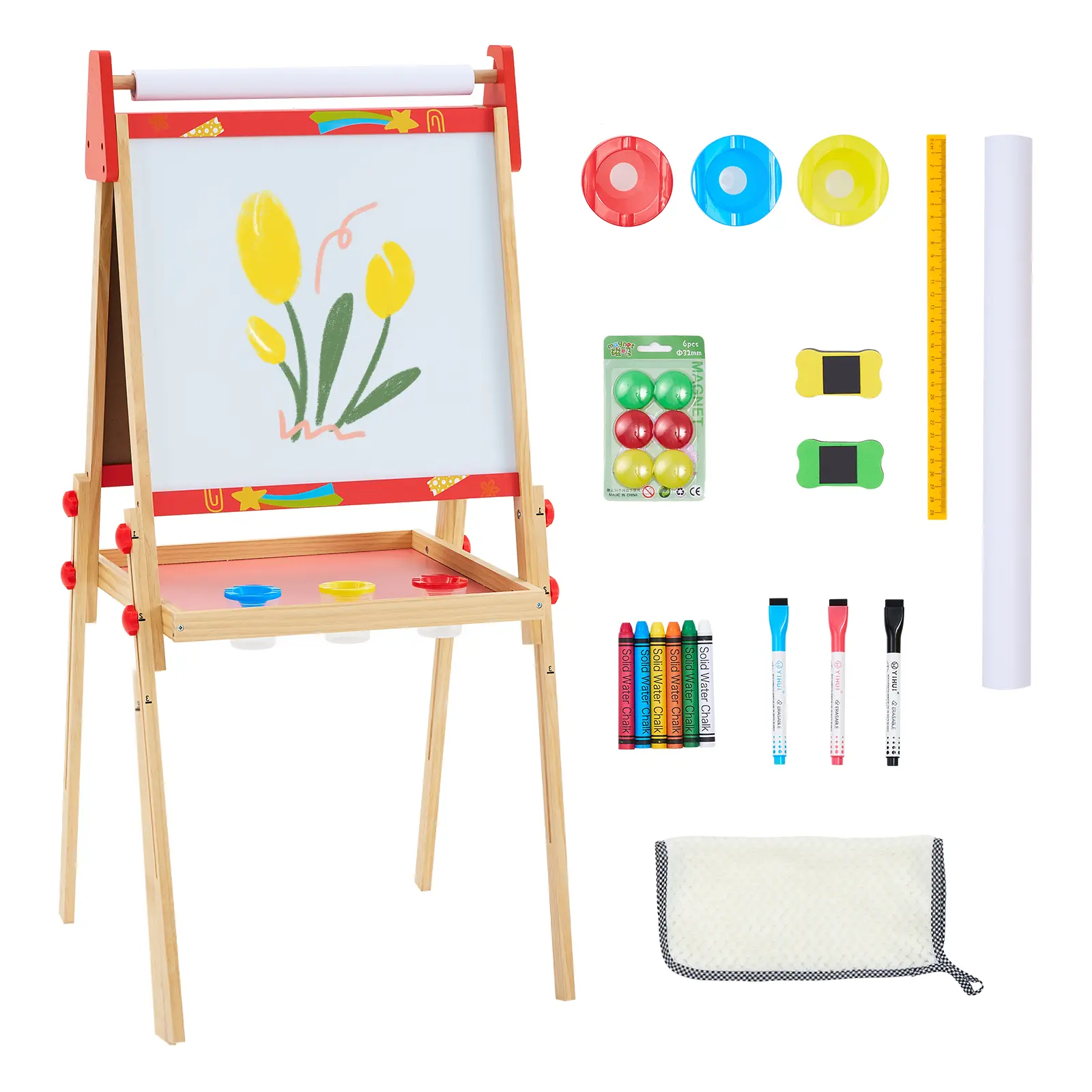 Kids Art Easel for 3+ Years Old, Adjustable Wooden Double-Sided Magnetic Chalkboard & Whiteboard with Paper Roll Holder, Toddler Drawing Easel Gift for Boys & Girls