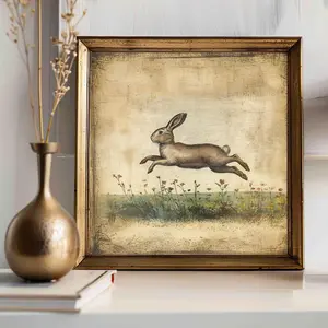 Vintage Leaping Bunny Print, Spring Easter Wall Decor, Rustic Rabbit Design, Cottagecore Vintage Farmhouse, Nostalgic Bunny Matte Wall Art