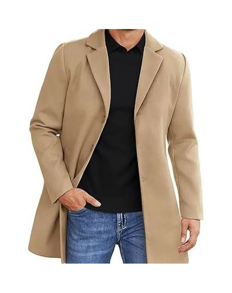 Coofandy Fall Outfits Men's Slim Fit Wool Blend Trench Coat with Notched Lapel Collar & Practical Pockets for Autumn Winter Casual Wear