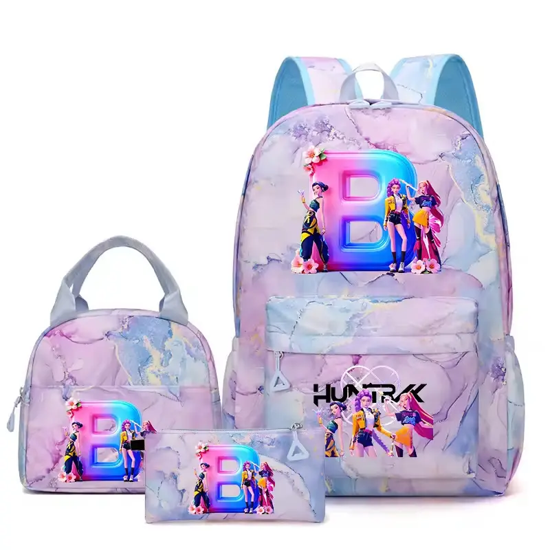 3-PIECE KPOP GIRL GROUP BACKPACK SET, Pastel Marble Print Water Resistant Student Bookbag With Lunch Bag & Pencil Case, Padded Large Storage School Kit For KPOP Fan Girls Teens Back To School