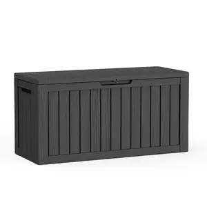 Outdoor Storage Box 80 Gallon Resin Waterproof Deck Box Delivery Box with Wood Texture Large Storage Bin for Patio Cushions, Black