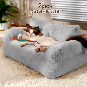 2pcs Cat Sofa Bed with Detachable Toy - Non-Slip Base, Fluffy Soft Pad Suitable for Small/Medium Cats & Dogs, Indoor Durable Pet Bed, Removable Sleeve for Cleaning - Cat and Dog Furniture