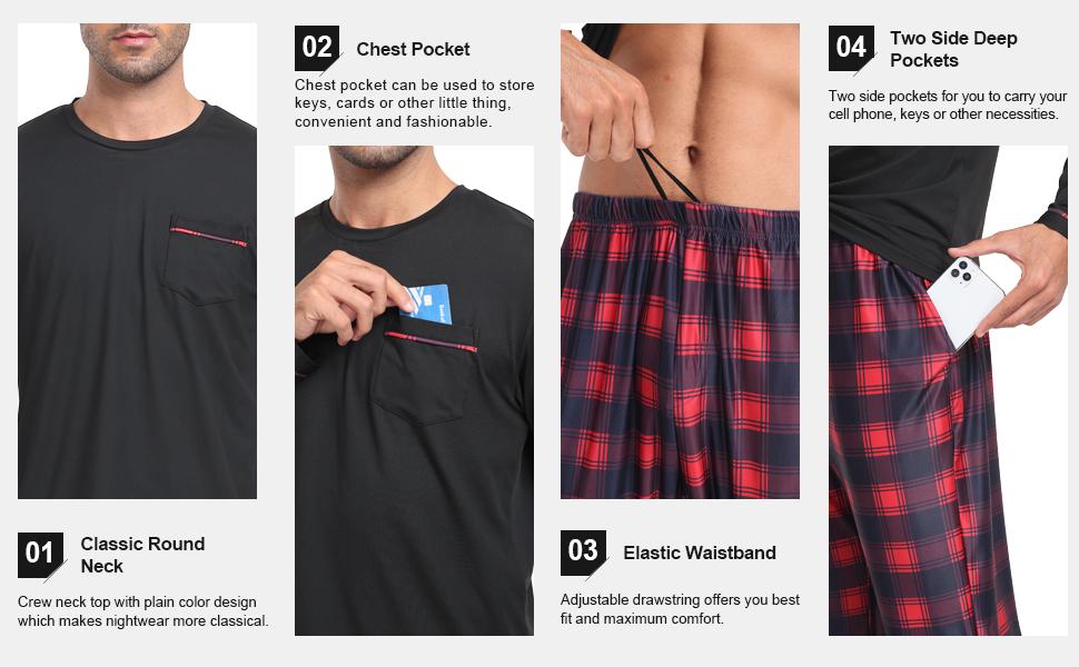MoFiz Men's Pajamas Plaid Sets Sleepwear Long Sleeve Shirts and Pants Lightweight Soft Mens Pjs Lounge Set with Pockets