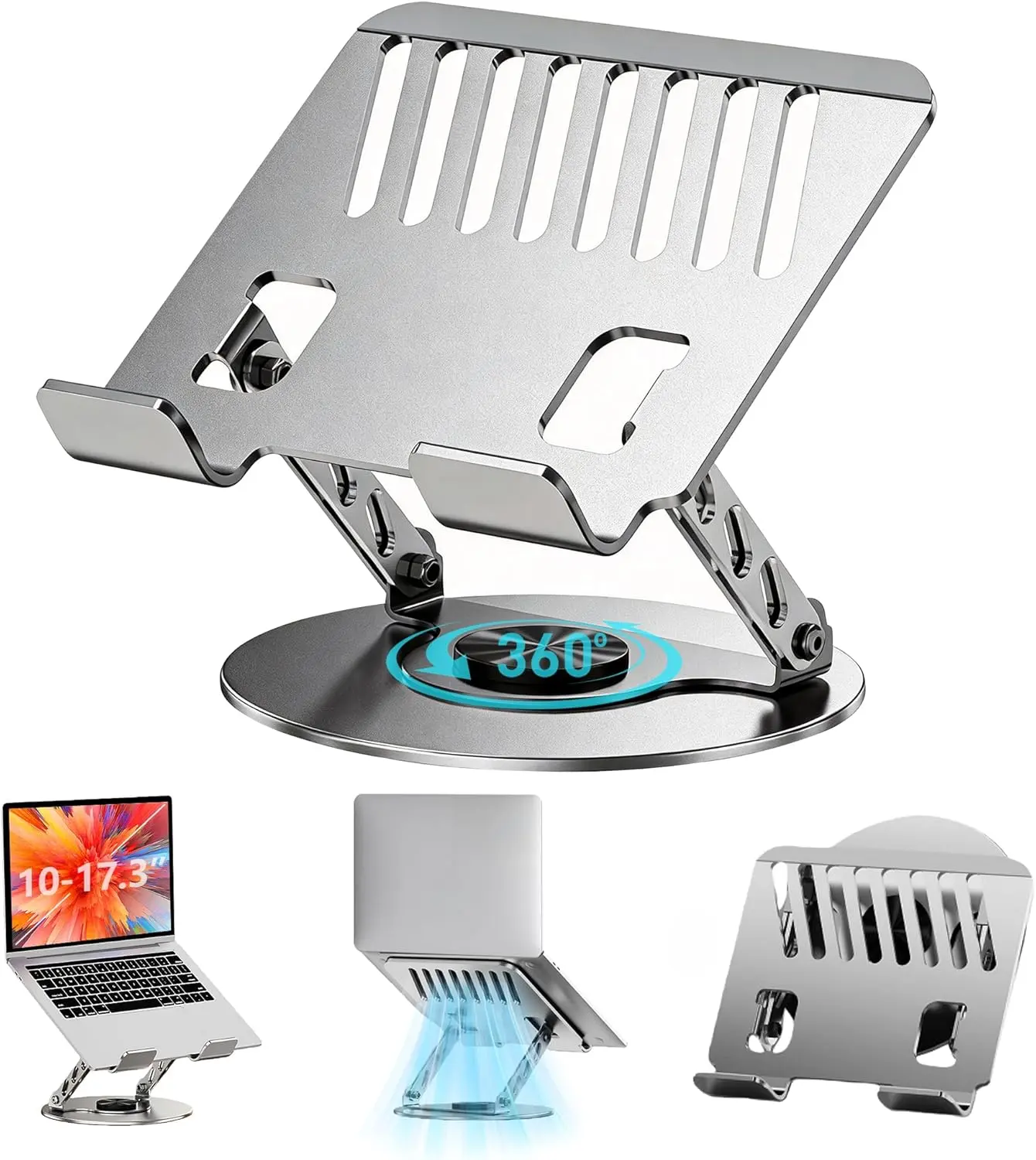 All-Metal Ergonomic Laptop Stand - 360° Full Rotation, Height Adjust, 22 lbs Heavy Duty, Extra-Wide Foldable Riser for 10-17 in MacBook Pro/Air, Dell XPS, HP Notebooks, Gray Adjustable Desk Mount