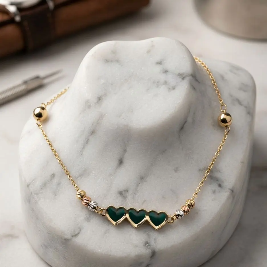 10K Yellow Gold Triple Heart Bracelet – Size 8