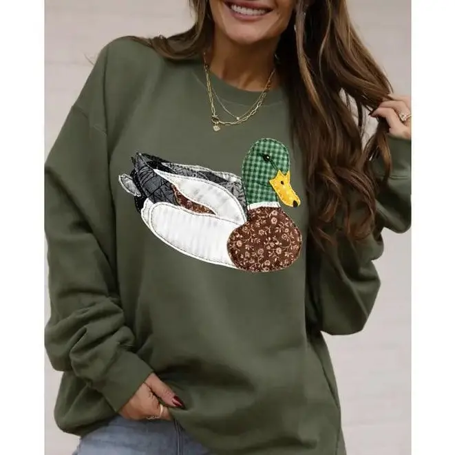 Women's Faux DTF Printed Cotton Tops - Neutral Patchwork Mallard Design, Loose-Fit, OEKO-TEX Dye Sweatshirts & T-Shirts