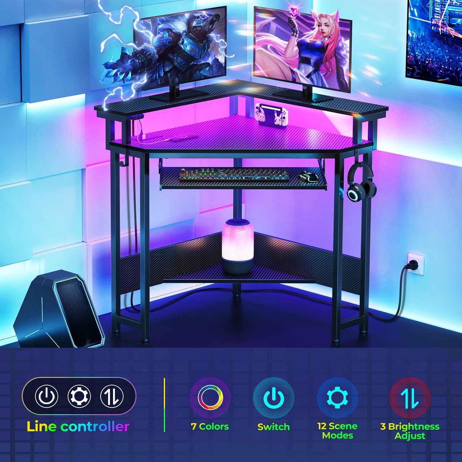 Multi-Functional Corner Desk for Home Office, 4-Color Gaming & Workstation with LED & Power Outlets, 44.5" W Small Space Computer Desk with Keyboard Tray