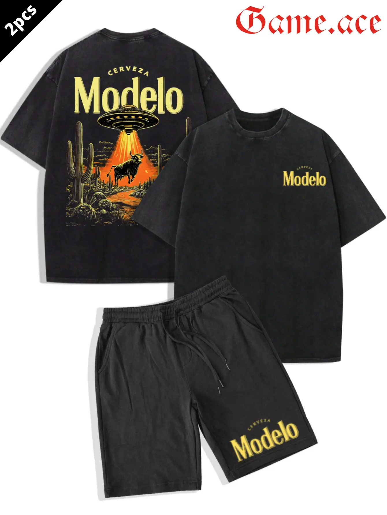 GAME.ACE Washed Black Oversized Set, "Modelo UFO Bull Desert" Graphic Tee & Shorts Outfit, Vintage Western Streetwear, 100% Cotton Breathable Unisex Loungewear, Ideal for Daily Wear & Beer Fans