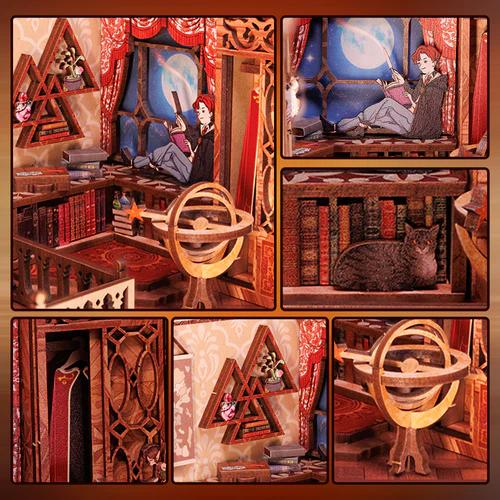 CUTEBEE Flame Common Room Black Friday DIY 3D Book Nook Kit  Miniature Magic House Dollhouse with LED Light Handmade Creative Toy for Teens and Adults Holiday Christmas Gift Bookshelf Decor