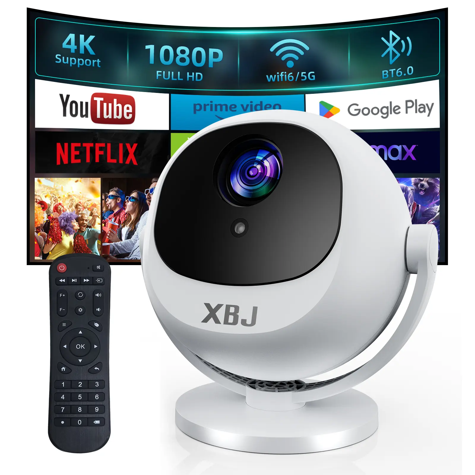 XBJ  Portable Projector, 4K/1080P Supported, 300 ANSI Auto Focus, Android 11 with Google Voice, WiFi 6 BT 6.0, Auto Keystone 360° Projection, for Home Theater Outdoor Cinema & Gift