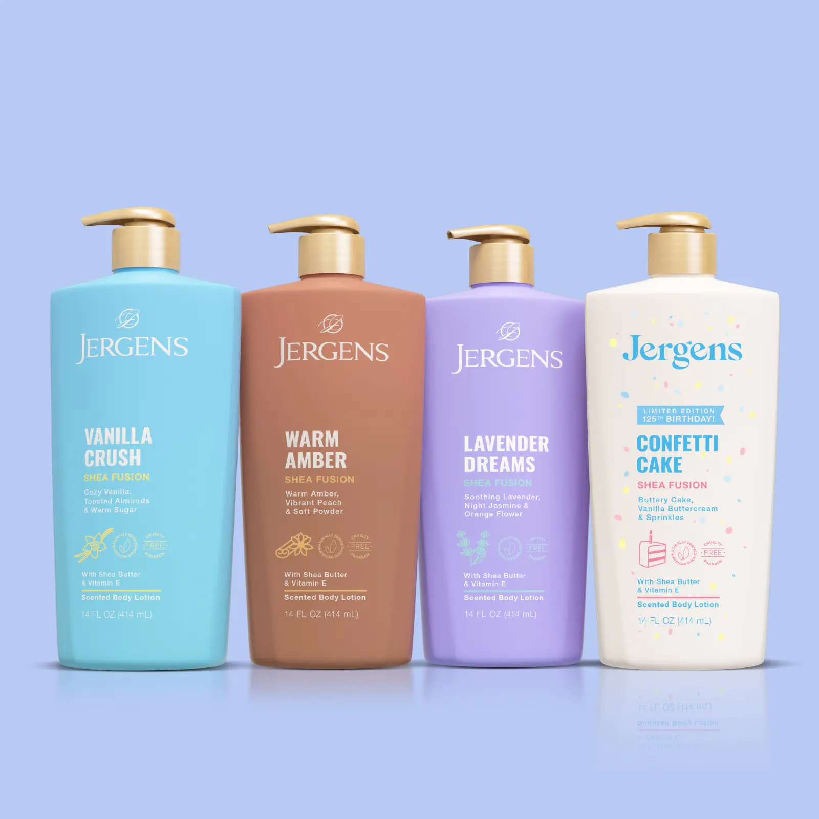 Jergens Shea Fusions Body Lotion 2 Pack Bundles - 14oz NEW Confetti Cake, Vanilla Crush, Lavender Dreams, Sparkling Berry, Warm Amber